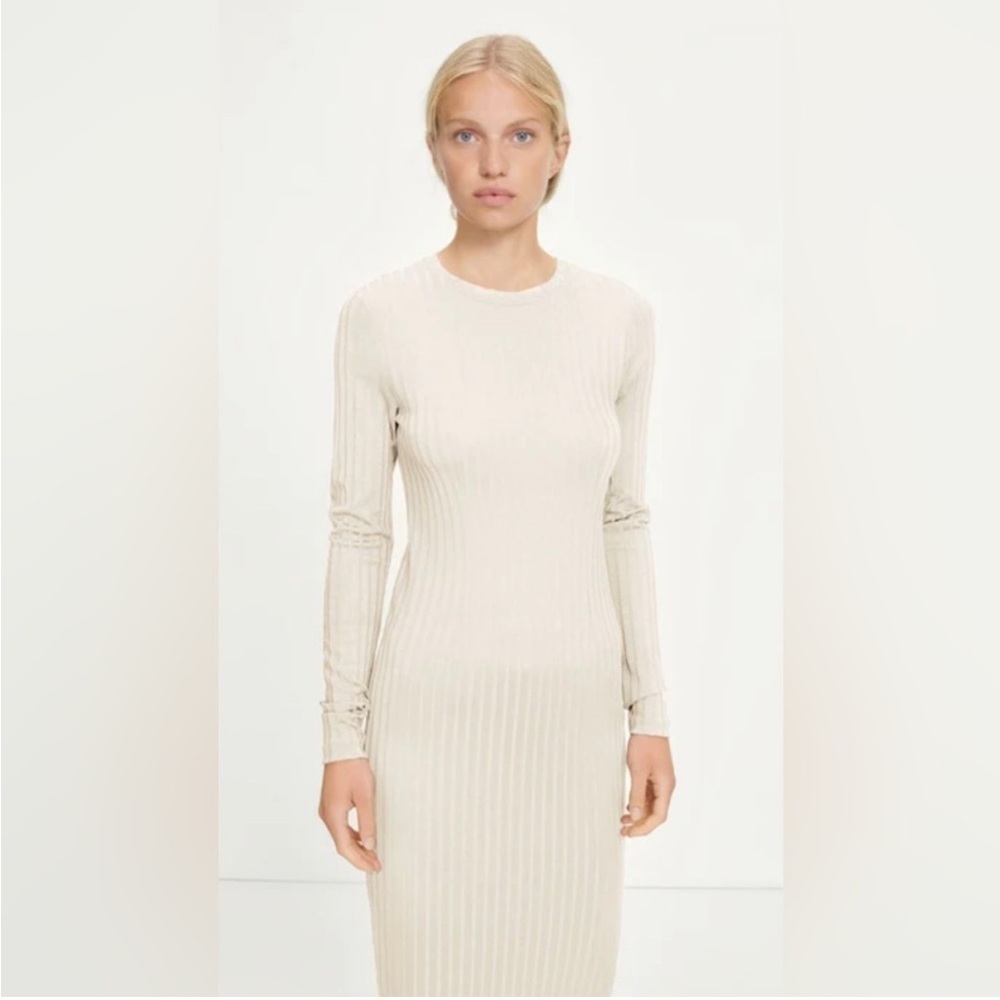 Samsoe Samsoe Jenari Ribbed Knit Eggnog Long Sleeve Sheath Dress Size Large